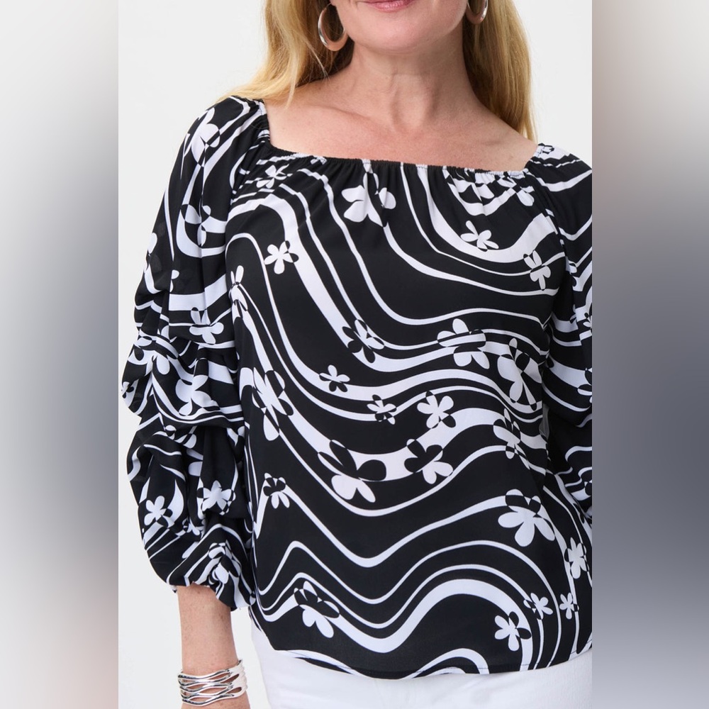 JOSEPH RIBKOFF BLACK AND WHITE FLORAL PRINT OFF THE SHOULDER BLOUSE SZ 14